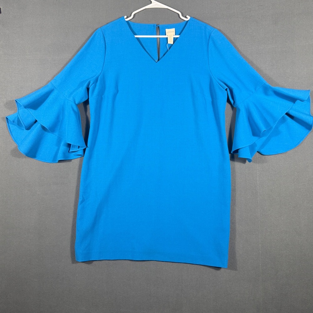 Chico's Dress Women 2P Blue Solid Drama Sleeve Short Ruffle Bell Stretch Crepe